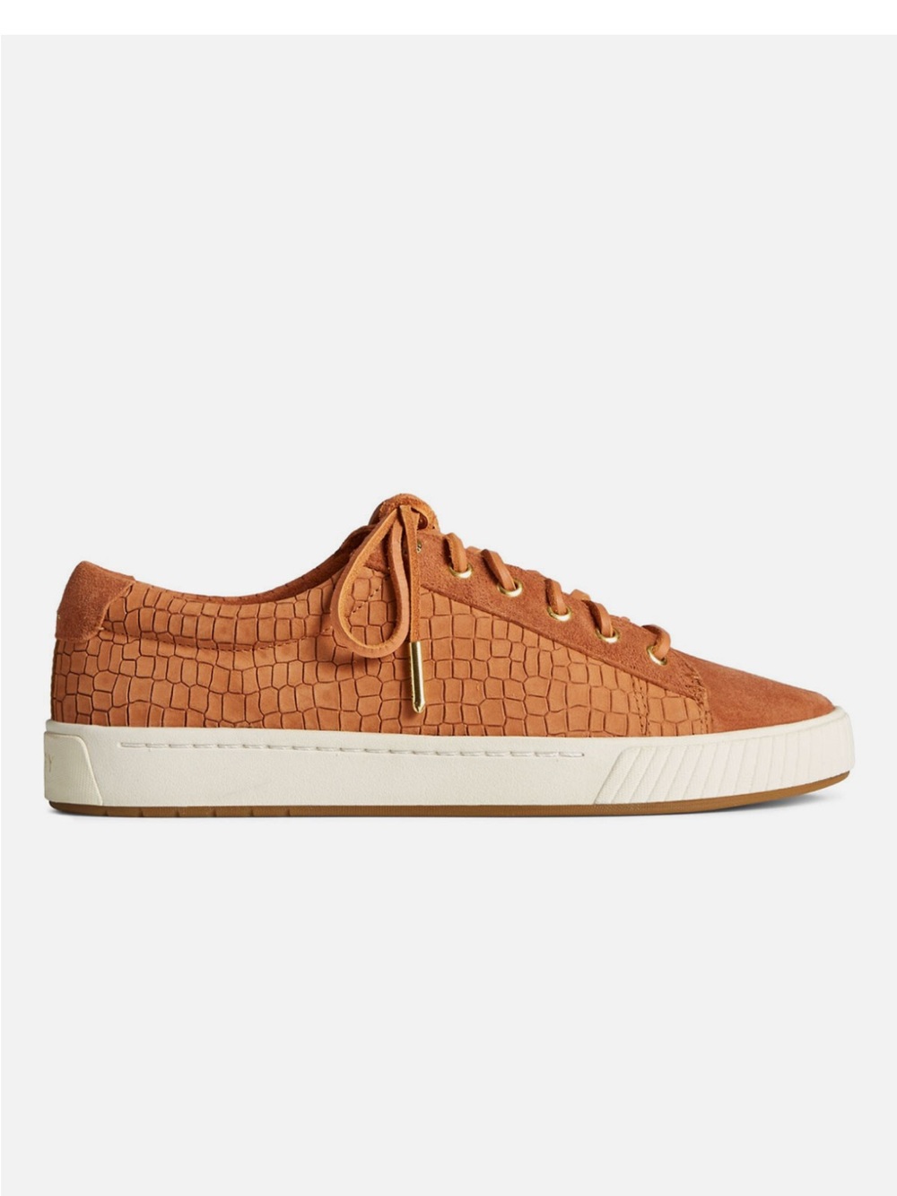 SPerry women’s anchor plushwave tan croc nubuck leather sneakers